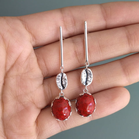 Aretes Cereza de café + grano Caturra en plata